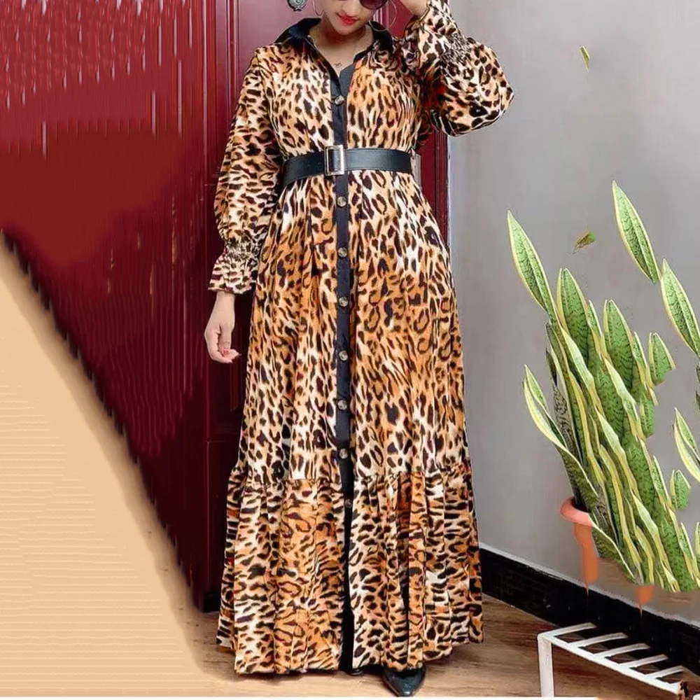 

Leopard Printed Chiffon Dress Women Single Breasted High Waist Full Sleeve Floor Length Elegant Evening Night Party Dinner Dress
