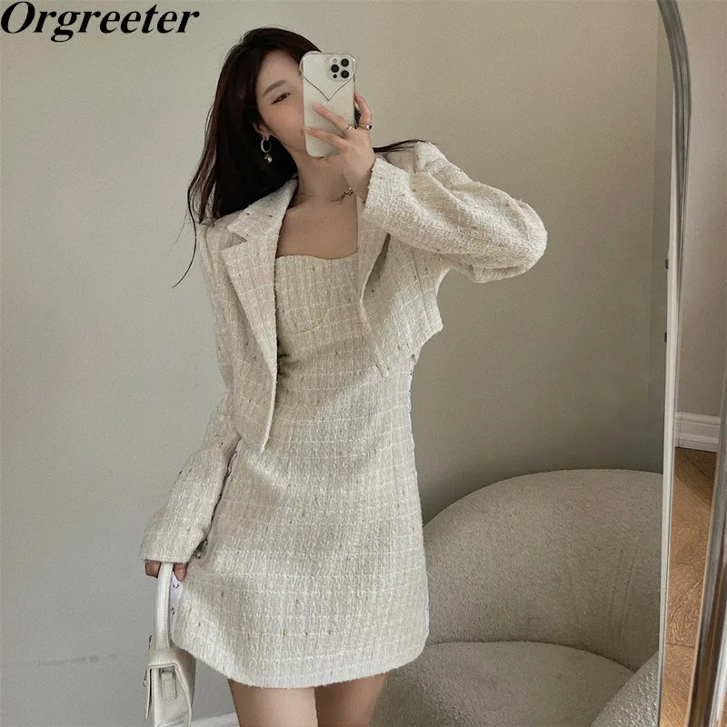 

High Quality Elegant Solid Tweed Dress Two piece set Women Short Coat Sexy Strapless Mini Dress Suits Casual 2 piece Outfits