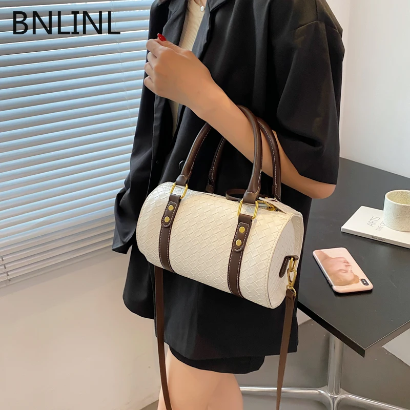

Women Knitting Barrel Shape Handbags Fashion Women Pu Leather Boston Bags Top Handle Handbags Female Small Crossbody Bags
