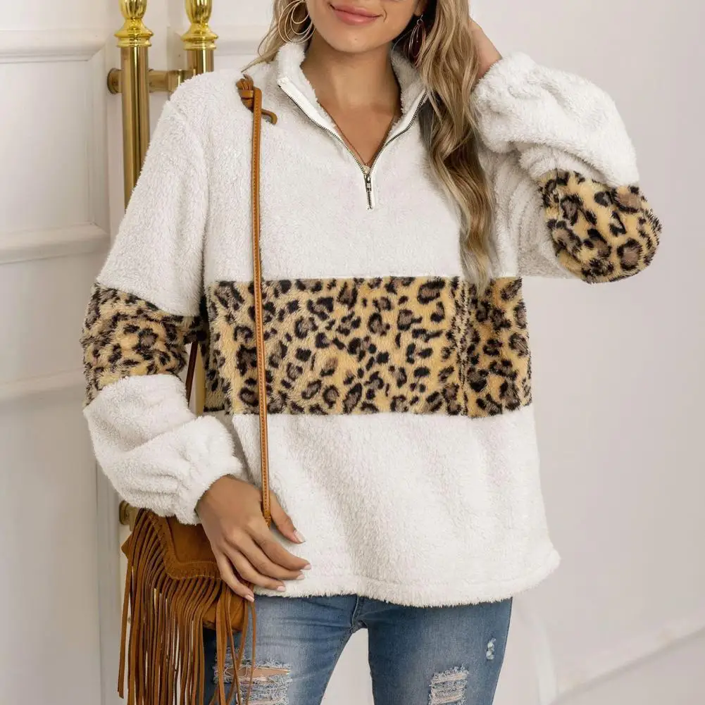 

Winter Fleece Fashion Leopard Patchwork Fluffy Thick Sweatshirts Warm Zipper Pullovers Women Winter Sherpa Casual Tops
