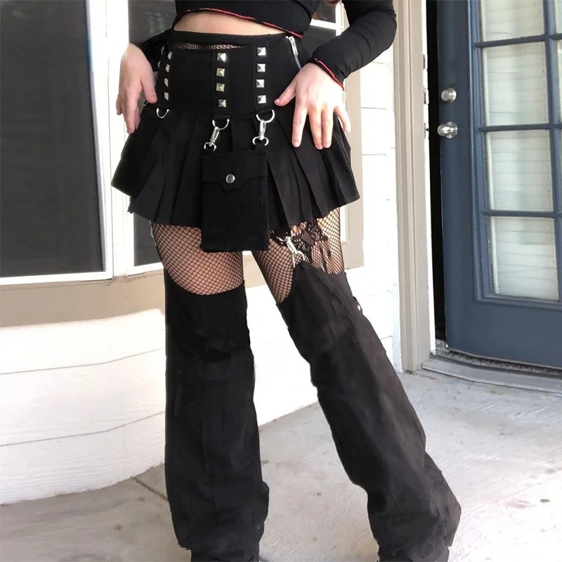 Hollow Out Patchwork Goth Skirt Cargo Pants Rivet Punk Girl Techwear Dark Academic Black High Waist Grunge Trousers