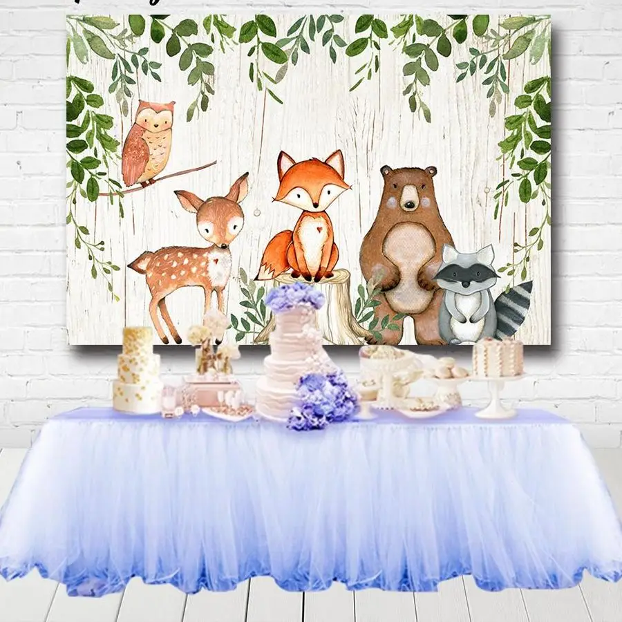 

Woodland Baby Shower Backdrops Green Leaves Animals Birthday Party Backdrop Photography Prop Photo Background