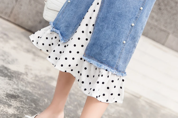 

Ladies Spring Summer Denim Skirts Women Retro Polka Dot Patchwork Jeans Long Skirt High Waist Beading Elegant Package Hip Skirts