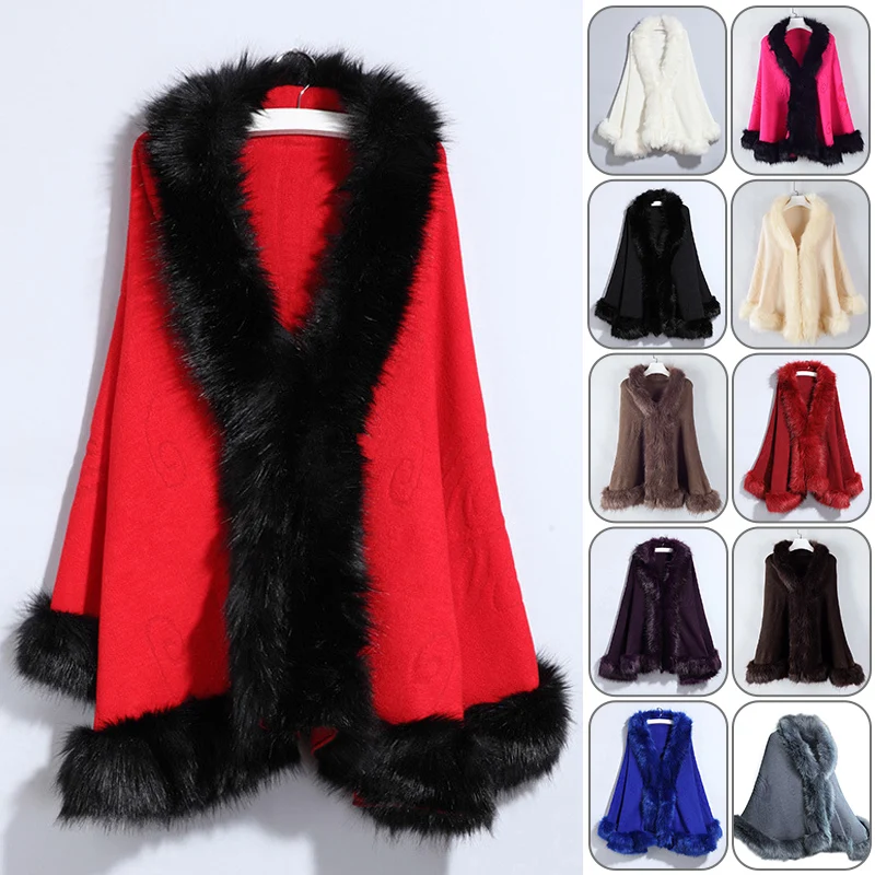 

Elegant Women Winter Coats Batwing Fluffy Sleeve Cape Jacket Lady Woolen Overcoat Cape Faux Fox Fur Collar Warm Ponchos