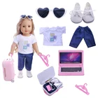 Бесплатная доставка, партиями по 6 шт.компл. = кукольная одежда джинсы + туфли + чемодан + компьютер + солнцезащитные очки + вешалкифутболки для девочек 18 дюймов с капюшонами в американском и 43 см для ухода за ребенком для мам для новорожденных