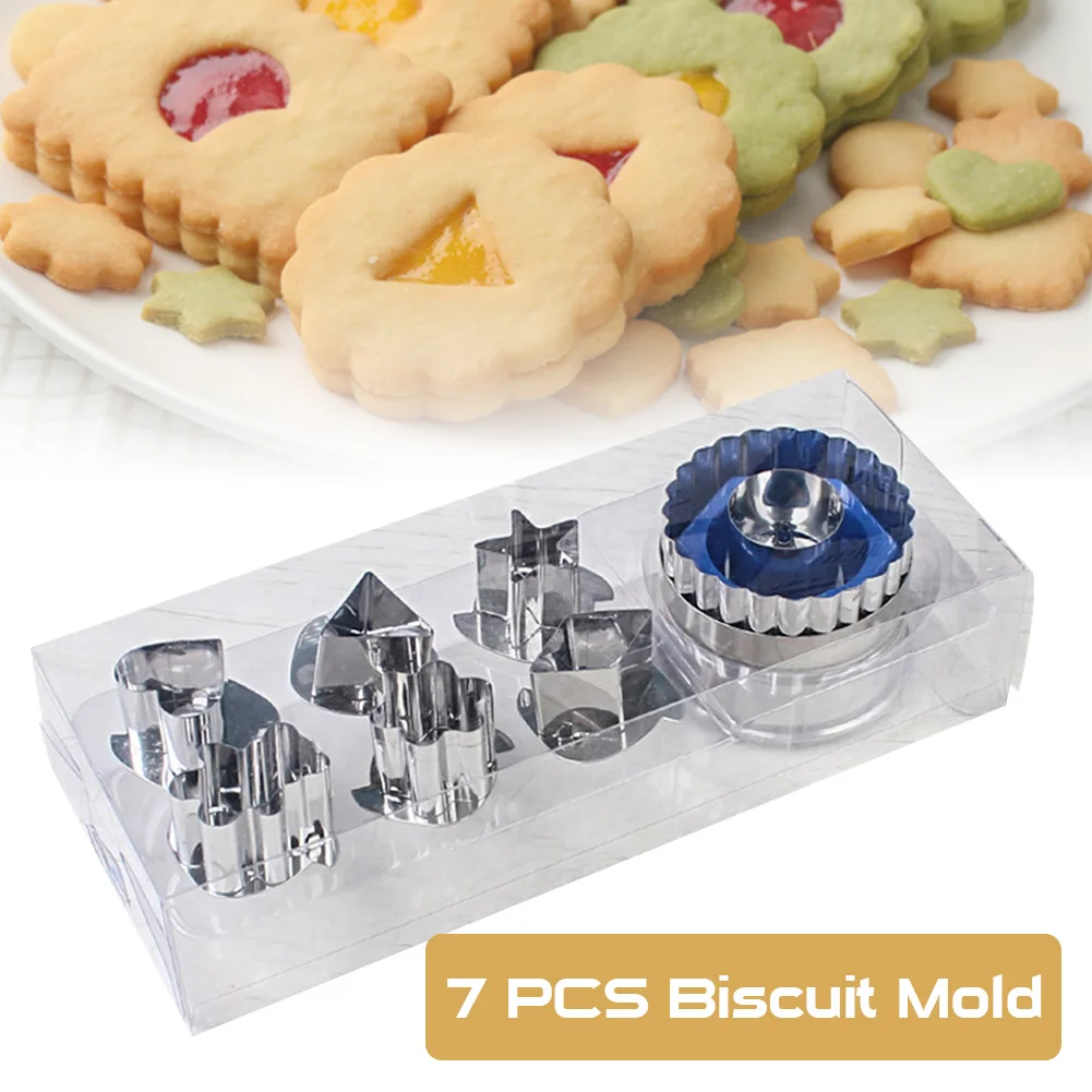 

7pcs Cookie Cutters Set Non-toxic Odorless Non-stick 6 Patterns Stainless Steel Baking Mold With 1 Press Biscuit Cookie Pastry