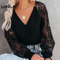 lordld women knit pullover sweater tops long sleeve v neck lace patchwork backless comfy puff sleeve fall sweaters for woman