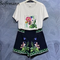 seifrmann new 2021 summer women fashion runway%c2%a0shorts set short sleeve crystal t shirts dot printed shorts 2 two%c2%a0pieces%c2%a0suits