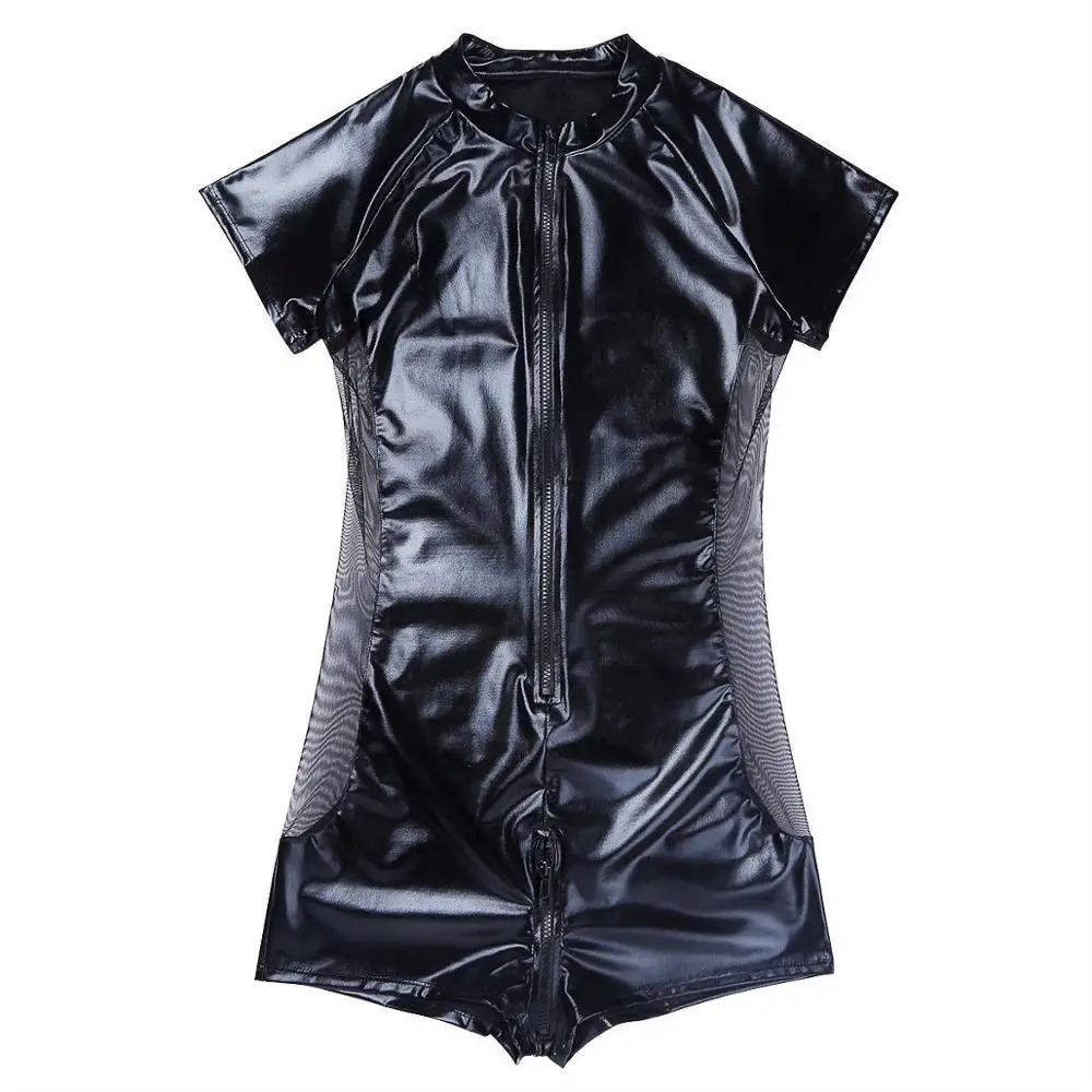 

Sexy Men Faux Leather Jumpsuit Front Long Zipper Crotch Vinyl Bodysuit Fetish Costumes PU Short Pants Night Club Exotic Clubwear