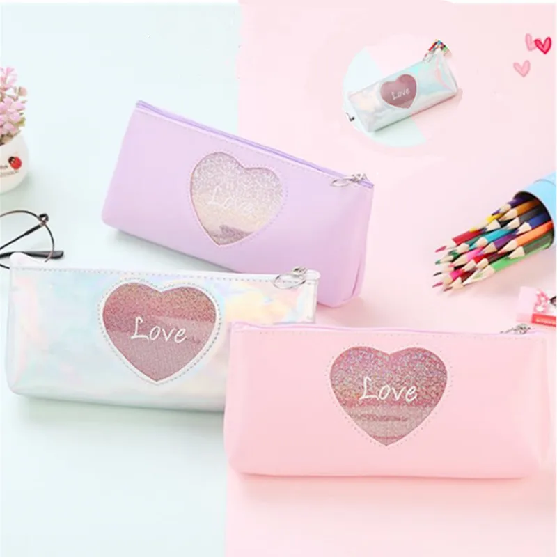 

1 PC Pink Girl Love Heart Pencil Case Bag Creative Cute Laser Love Heart Shape Leather Zipper Pencil Boxes For Student Storage