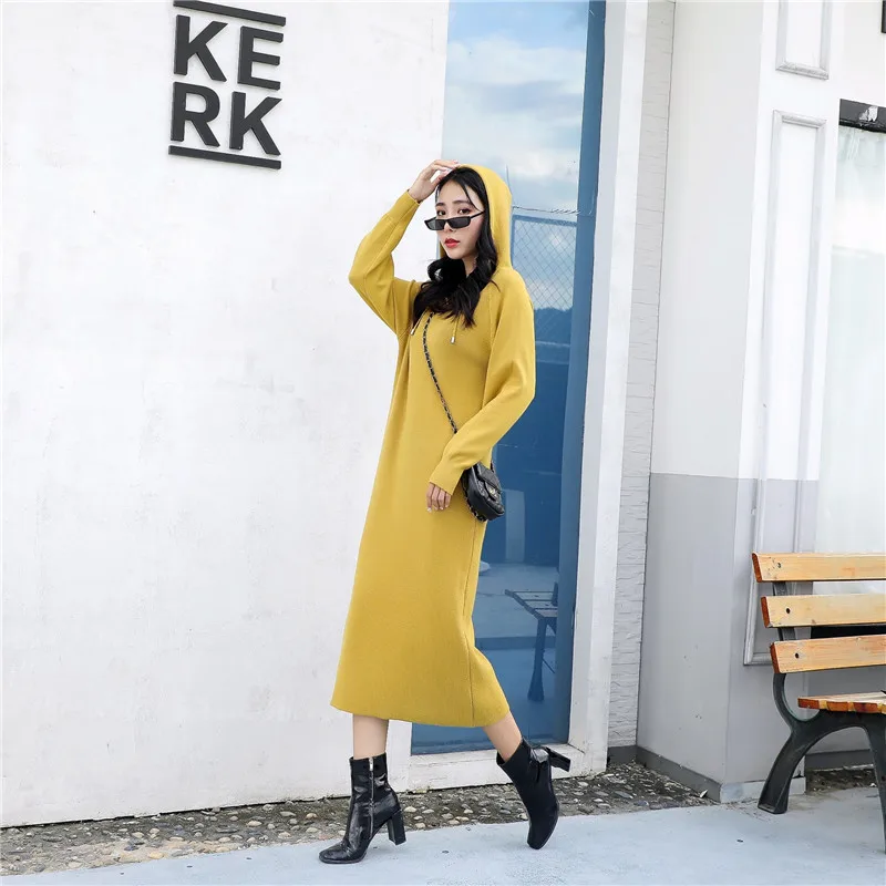 

women dress 2020 new autumn Casual Straight Solid Full Mid-Calf Hooded collar Sweater skirt Korean ladylike long dress
