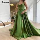 Женское вечернее платье из Зеленой Тафты Booma, длинное ТРАПЕЦИЕВИДНОЕ ПЛАТЬЕ на бретелях-спагетти с высоким разрезом и бантом на поясе, для выпускного вечера