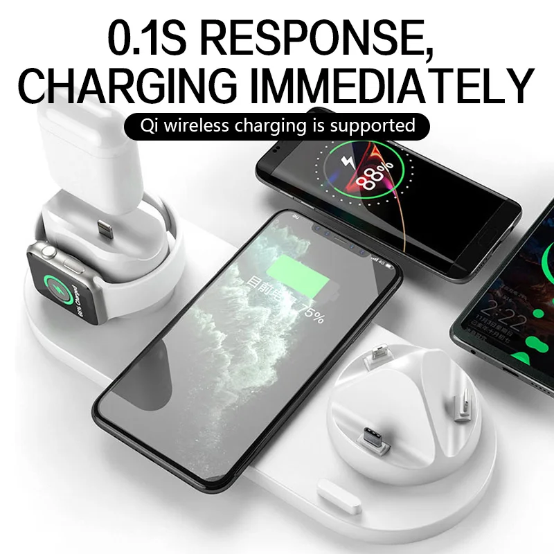 10w qi wireless charger station 6 in 1 for iphone airpods micro usb type c stand phone chargers for apple watch airpods charging free global shipping
