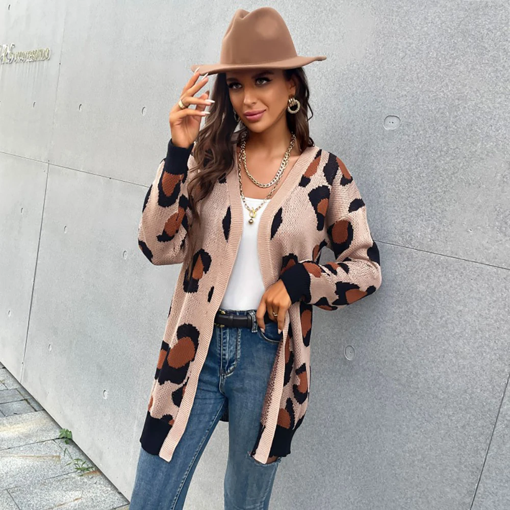 

Женский свитер, пальто, модный Свободный кардиган средней длины с леопардовым принтом, вязаный свитер, куртка, винтажный осенний Топ, блузка...