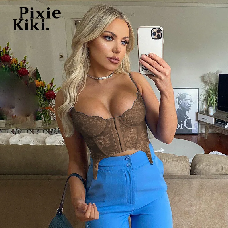 

PixieKiki 2022 Fashion Summer Tank Tops Women Sexy Irregular Lace Corset Crop Top Transparent Busiter Bralette Camisole P77-BG10