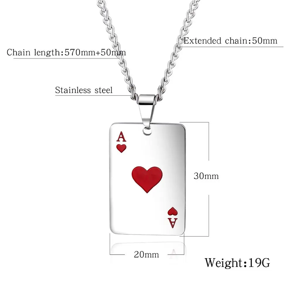 Cool Lucky Poker Ace Hearts Pendant Necklace Men's 316L Stainless Steel Jewelry Boyfriend Card Couple | Украшения и