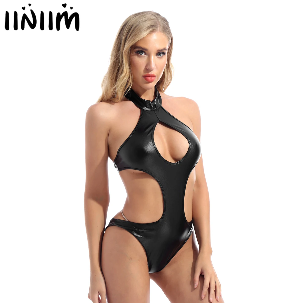 

Women Teddy Costumes Clubwear Cutout Patent Leather Skinny Bodysuit Bodystocking Halter Keyhole Lace-up Backless Porno Swimwear