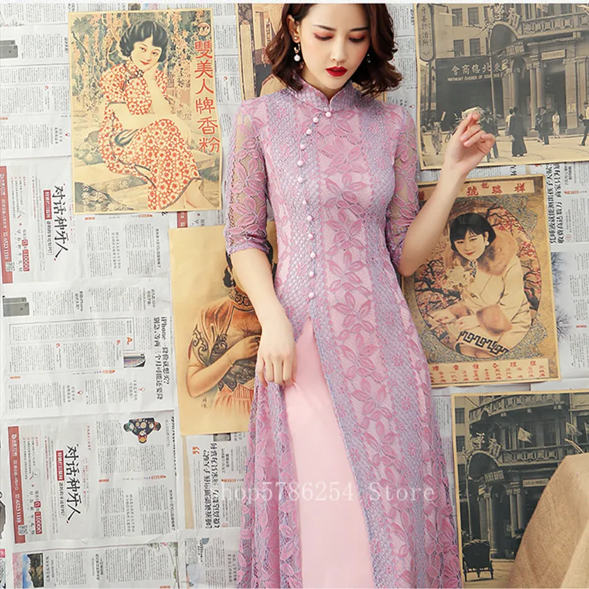 Retro Floral Lace Vietnam Ao Dai Women Elegant Split Long Qipao Dress Chinese Style Asian Cheongsam Lady Wedding Party Vestidos |