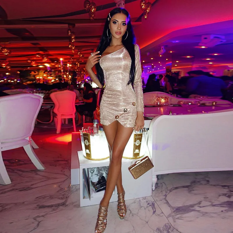 

New Arrivals 2020 Sexy One Shoulder Silver Dress Women Fashion Button Slash Neck Long Sleeve Bodycon Mini Club Party Vestidos