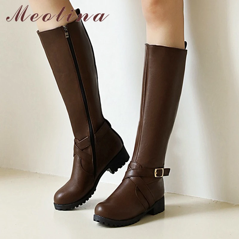 

Женские сапоги на молнии Meotina, коричневые сапоги из искусственной кожи, на толстом каблуке, с круглым носком, зимний сезон