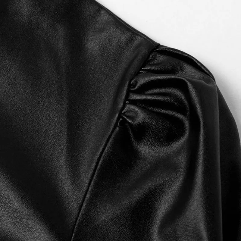 

Puff Sleeve Women's Leather Streetwear Faux Pu Black A-line Mini Dress Female Slim Casual Summer Dresses Ladies
