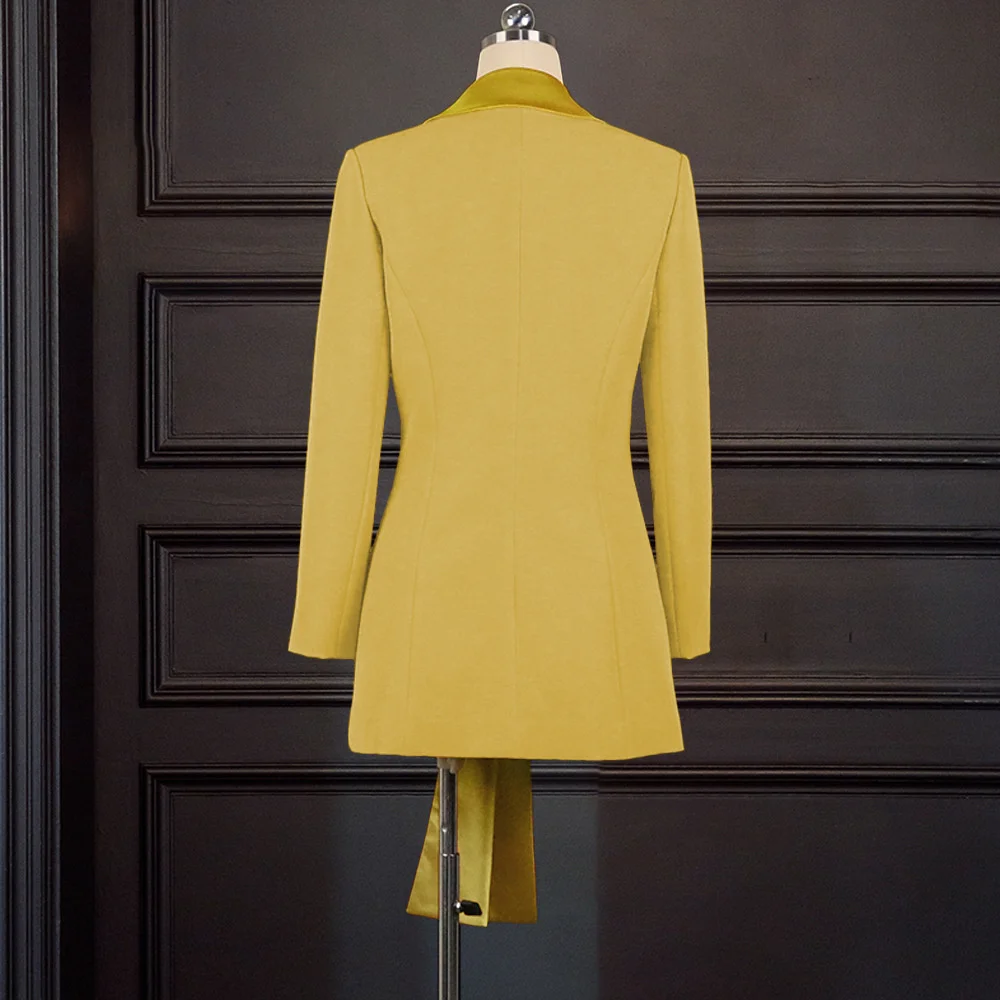 Fashion Long Sleeve Blazers for Women Elegant Belted Bussiness Office Lady V-Neck Jacket Yellow Coat for Party Dinner Workwear