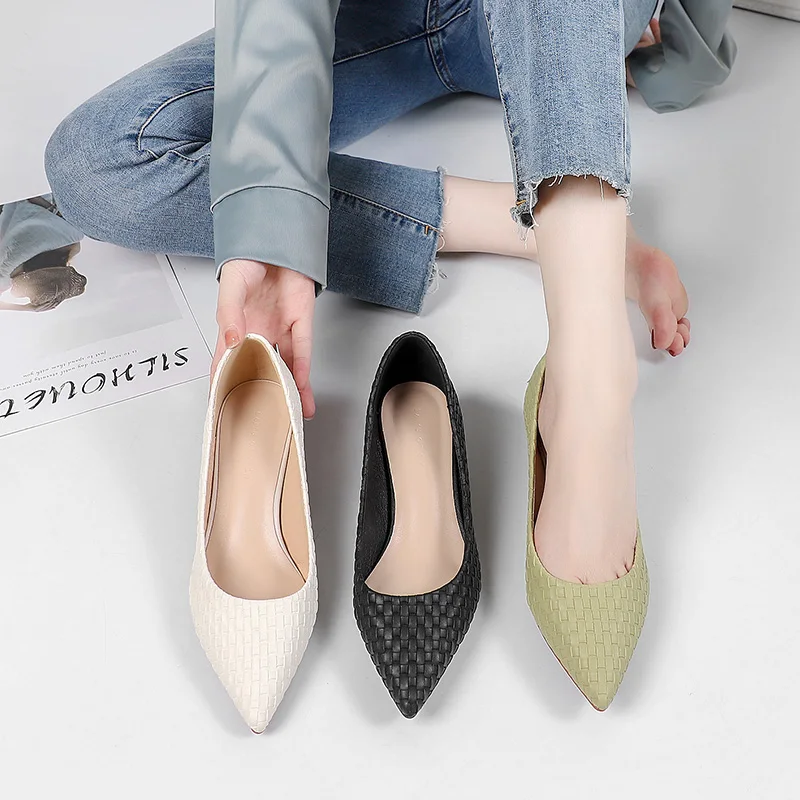 

Classic Woman Pumps Small Thin Med Heels 3.5/6.5CM Point Toe Weave Pleated Career Work Elegant Leather High Heel Shoes for Women