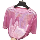 Женская Блестящая футболка с коротким рукавом и круглым вырезом, летняя уличная одежда в Корейском стиле, свободные золотистые, фиолетовые, розовые рубашки в стиле Харадзюку