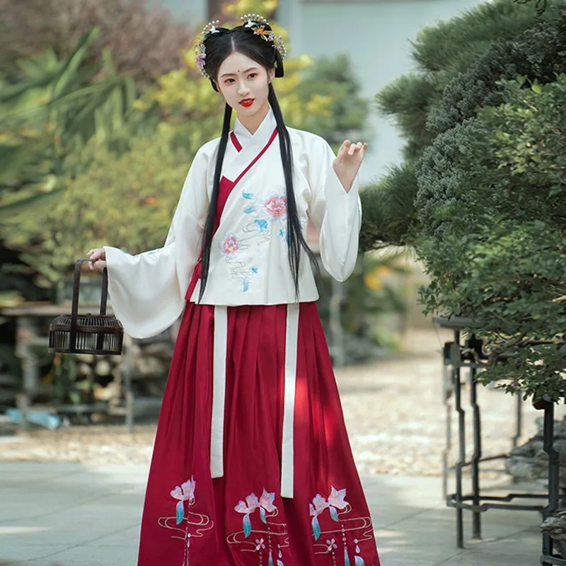 

Ming Dynasty Hanfu Women's Ancient Costume Standing Collar Short Jacket Pipa Sleeve Embroidered Horse Skirt Full Set Winter