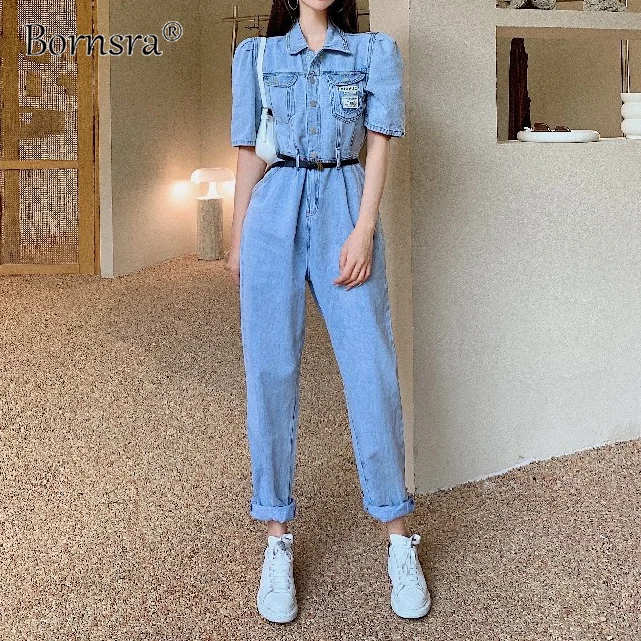 

Bornsra 2021 Style Tooling Denim Jumpsuit Female Korean Version of Slim and Thin High-waist Straight-leg Jumpsuit