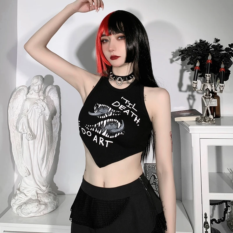 

Goth Grunge Inverted Triangle Tank Top Sexy O Neck Sleeveless Slim Cropped Tops Streetwear Harajuku Punk Women Summer Top Mujer