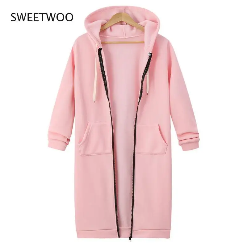 

2021 Fall/winter Women's European and American Hooded Long Sleeve Mid-Length Sweater Fleece Long Jacket
