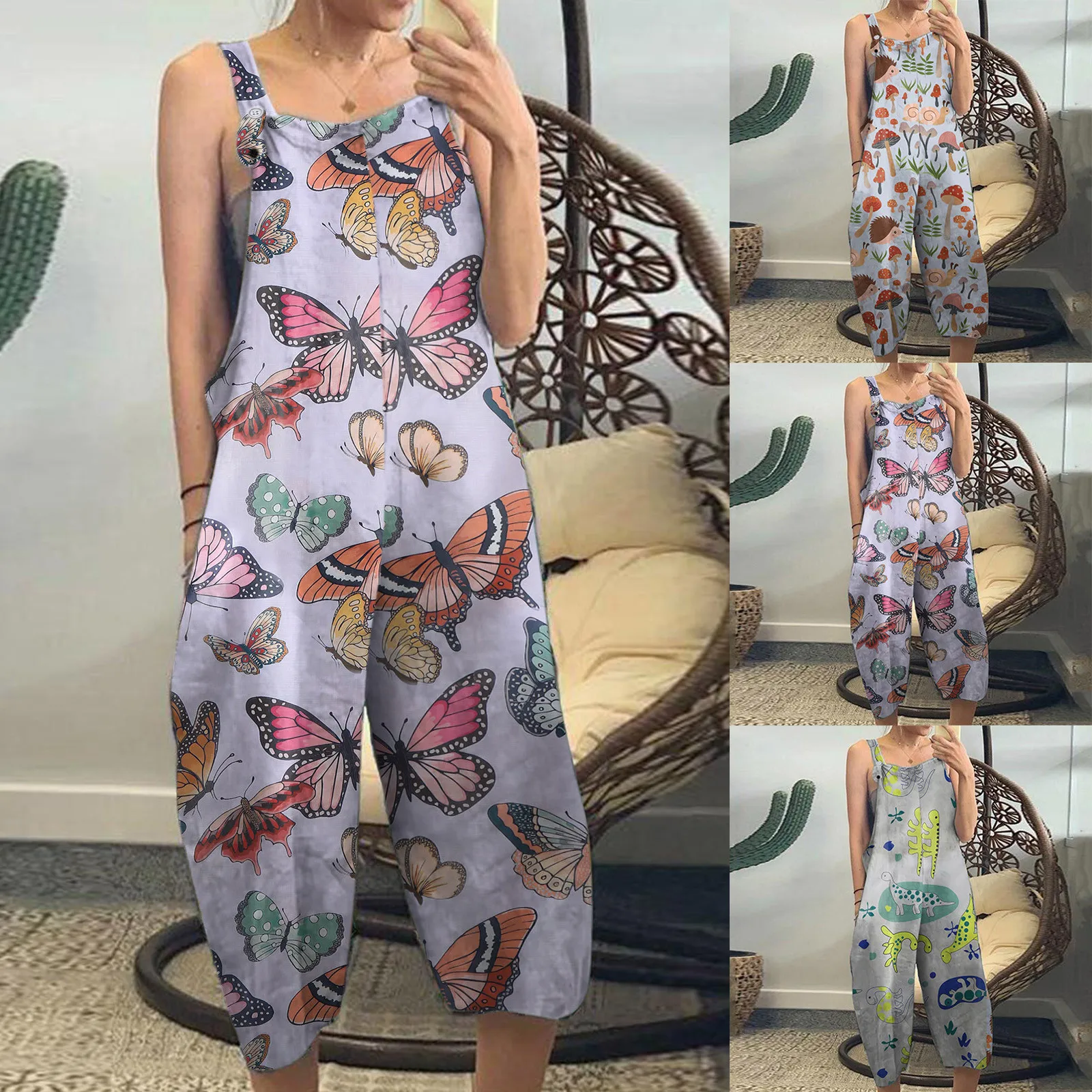 

Female Jumpsuit Casual Solid Color Sleeveless Jumpsuit Women Adjustable Straps Loose Jumpsuit Bib Overall Rompers Monos Mujer
