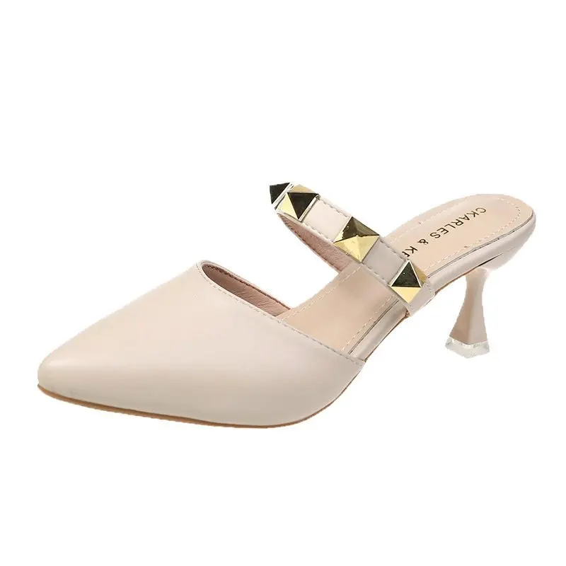 

Shoes Woman 2021 Female Slippers Luxury Slides Thin Heels Rivet Pointed Toe Low New Designer Cover Flat Rubber Basic Patent Leat