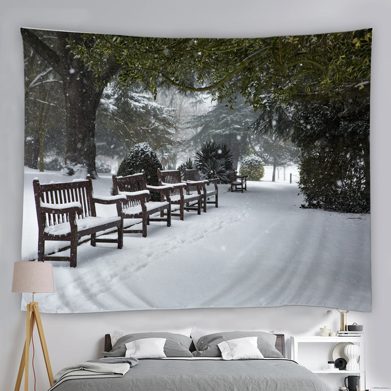

Winter Park Snow and Bench Tapestry Wall Hanging Forest Landscape Wall Tapestries Aesthetic Art Room Decor Polyester Fabric