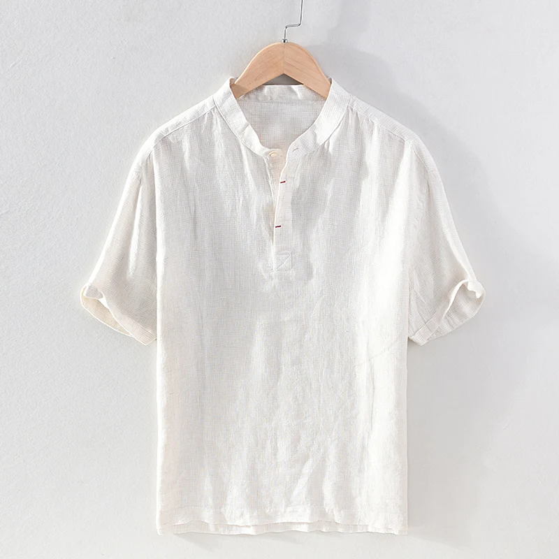 

New style short-sleeved beige plaid shirt men brand Chinese stand collar fashion shirts for men tops mens clothing chemise