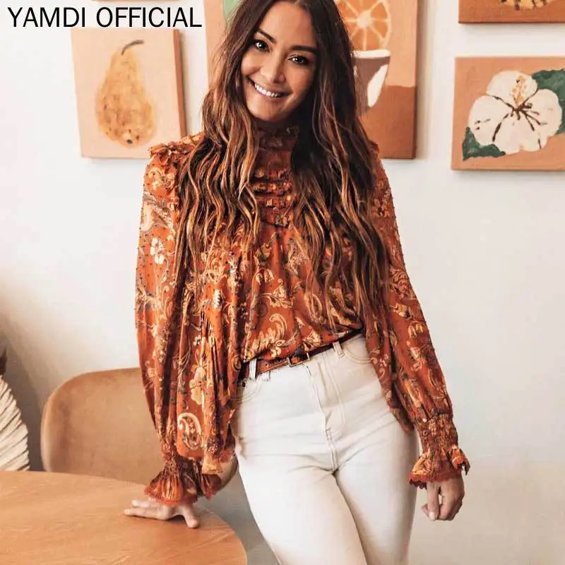 Женская винтажная блузка YAMDI подиумная в стиле бохо с цветочным принтом и рюшами