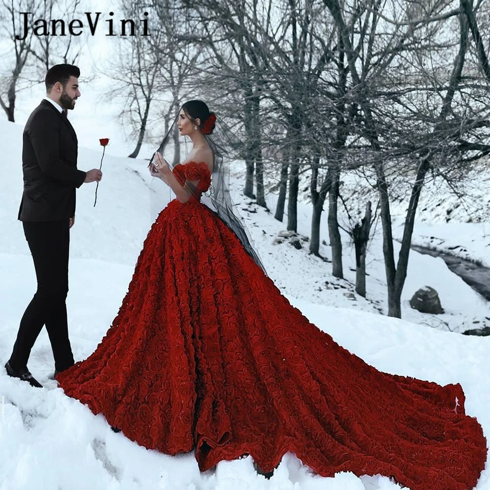 JaneVini великолепные темно красные длинные свадебные платья с открытыми плечами 3D