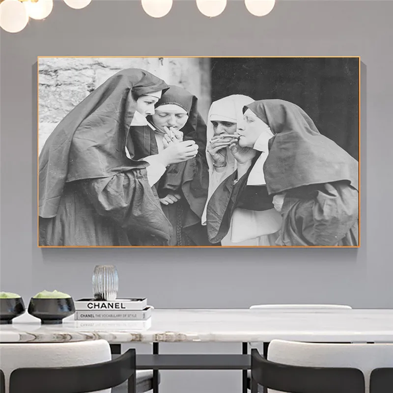 

Smoking Nuns Prints Vintage Photo Black and White Poster Cigarette Funny Wall Art Canvas Painting Picture Weird Room Home Decor