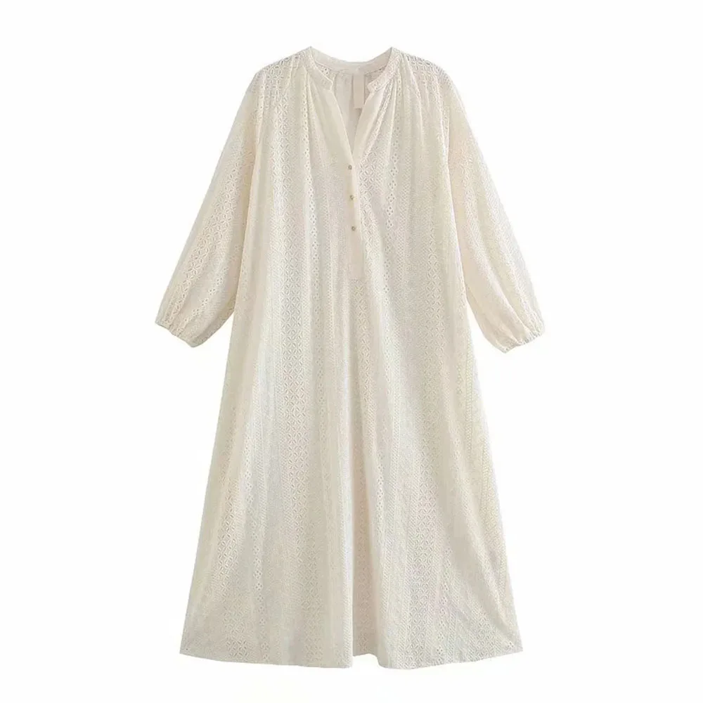 

Women Solid Single Breasted O Neck Chiffon slim midi Dress Female Hollow Out Vintage Dresses Ladies Long sleeve Dress