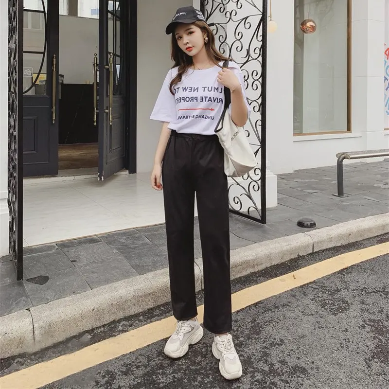 

Fashion Casual Cropped Straight Pants for Women Loose Black High Waist Pants Summer M-XL Plus Size Pants
