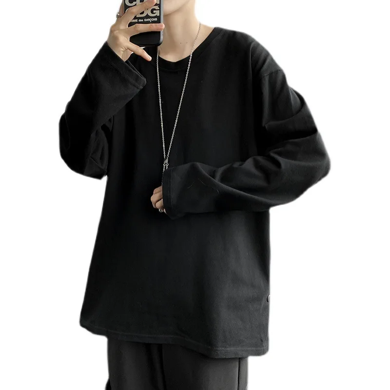 

Men Spring Autumn T Shirt Breasted Split Long Sleeved Black T Shirt Men Loose Bottoming Shirt Korean Wild Solid Color Casual Top