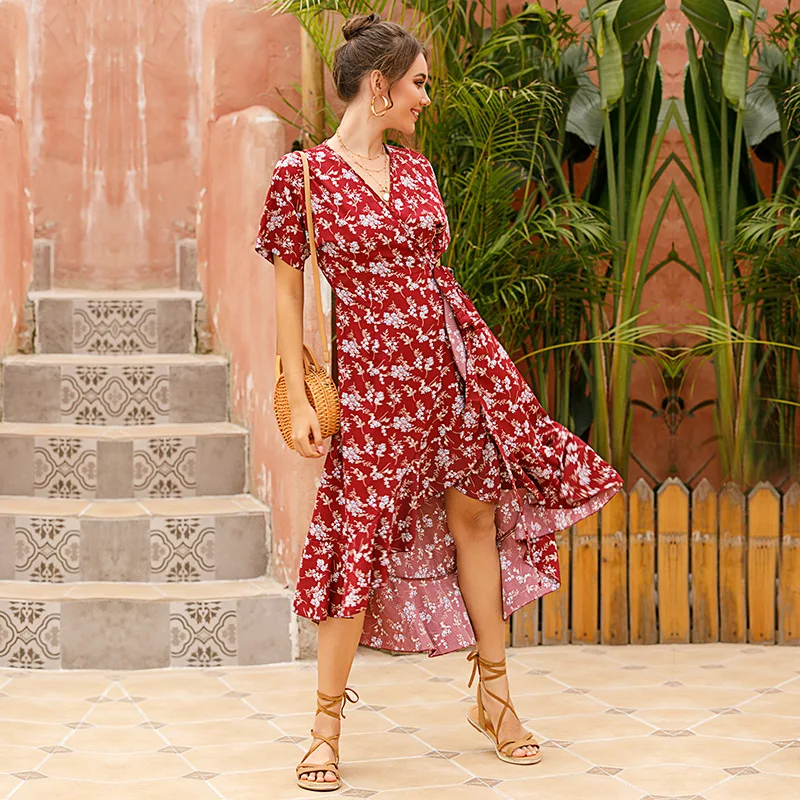 

Chiffon Short-sleeved Floral V-neck Women's Dress Mid-length European and American French Street Hipster A-line Skirt 2021 New