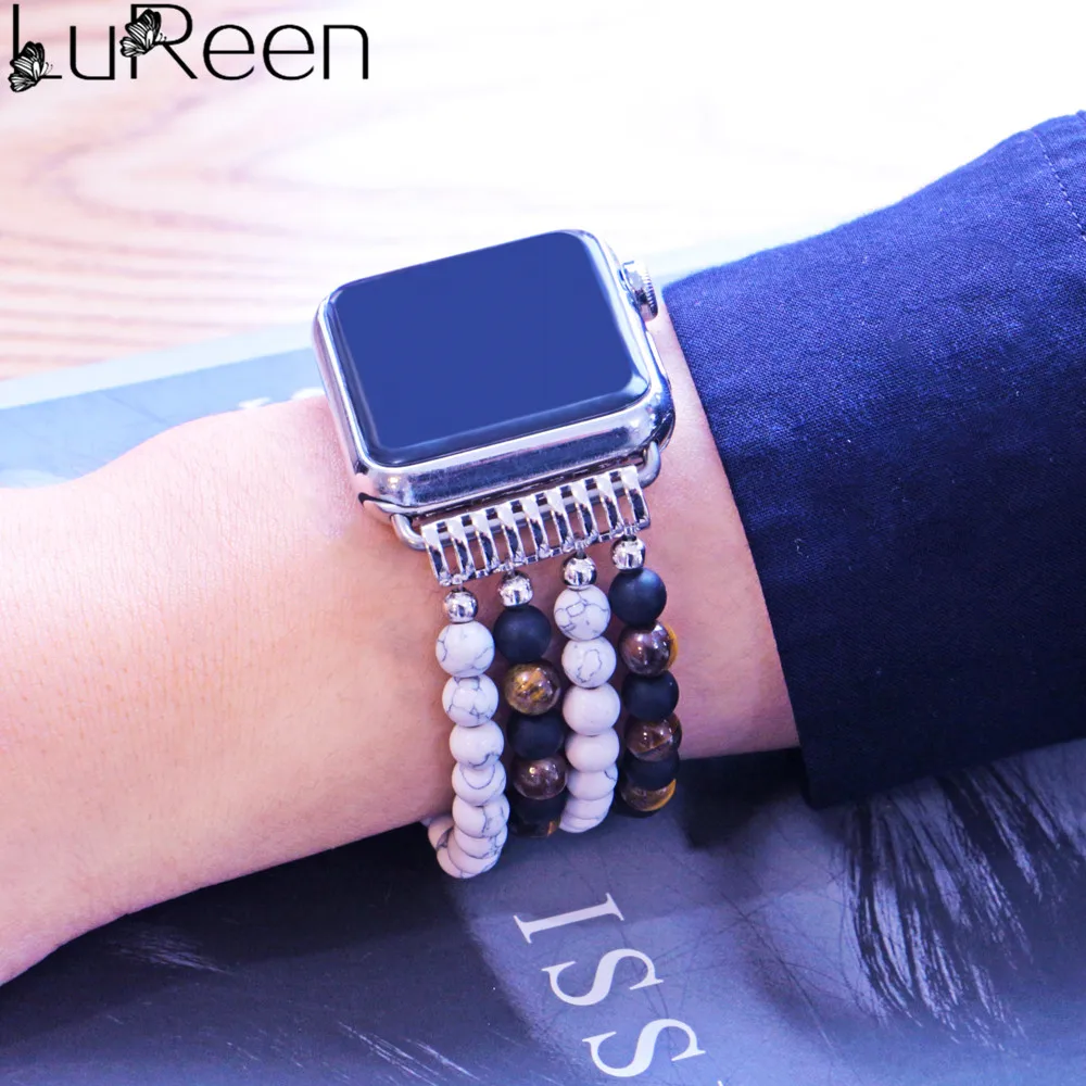 Lureen Elastic Multilayer Agate Beads Watchband For Iwatch Handmade Natural Stone Apple Watch Strap 38/42mm Jewelry Unisex | Наручные