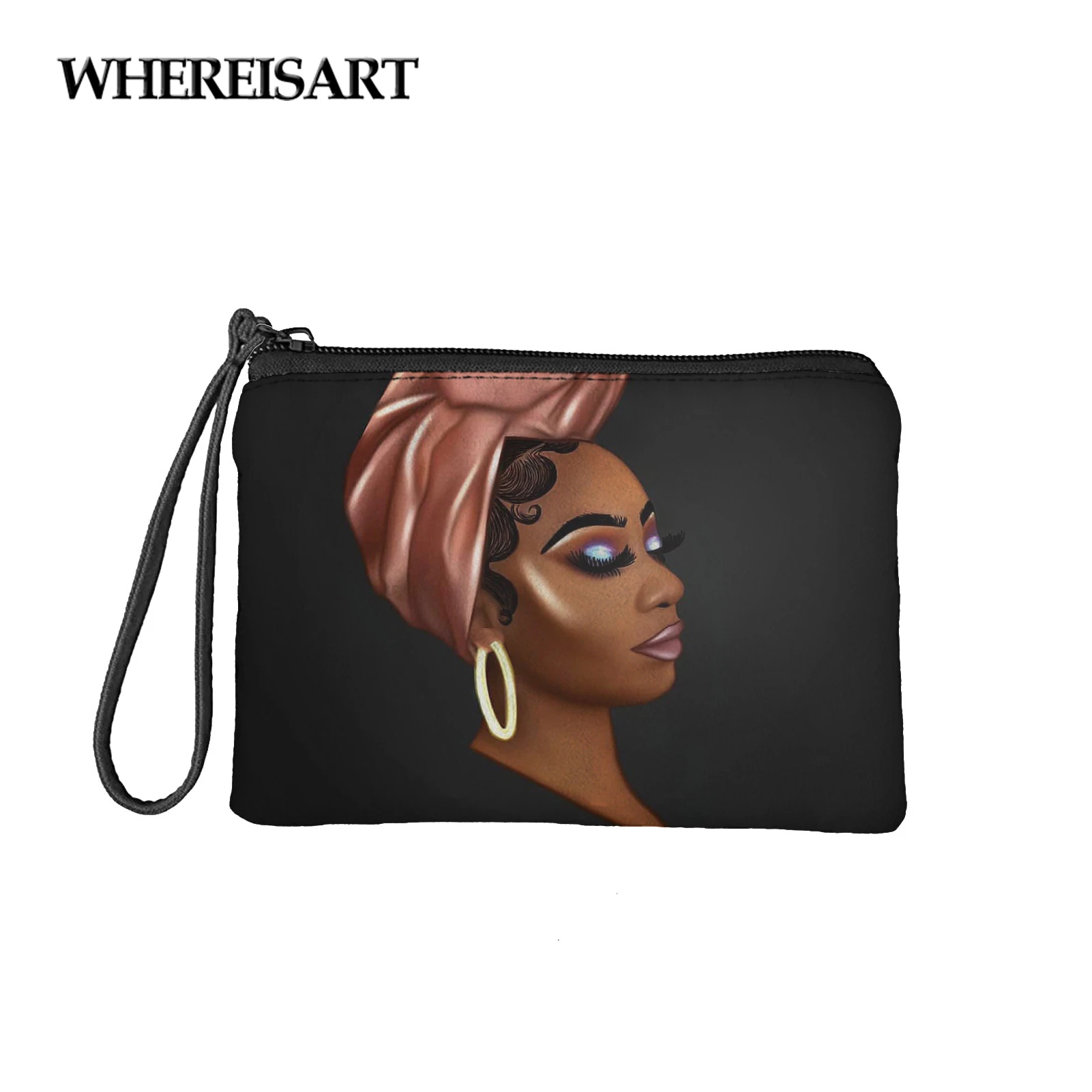

WHEREISART Africa Black Women Coin Purse Bag Afro Ladies Zipper Storage Bag Ladies Wallet Card Bag Lipstick Bag With Lanyar