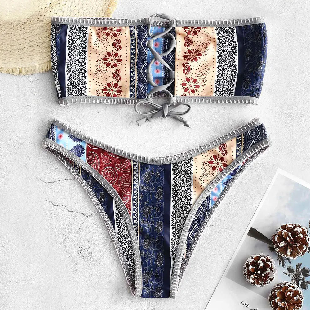 

ZAFUL Lace Up Flower Strapless Bikini Set Wire Free Women Padded Bandeau Bikini Sets Two Pieces Swimsuit Ethnic Bathing Suit