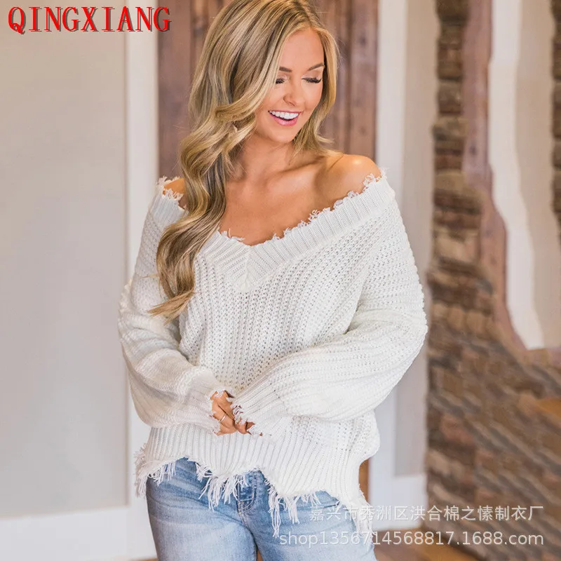 2021 Off Shoulder Loose Knitted Sweater 13 Colors Long Sleeves Tassel V Neck Pullover Black Plus Size Outstreet Thin Knitwear