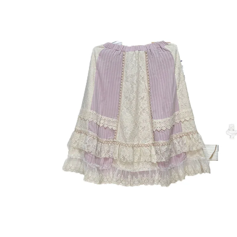 

Japanese Mori Girl Vintage Lolita Ethnic Bohemian Hippie Boho Embroidery Crochet Lace Ruffle Layer Patchwork Purple Women Skirt