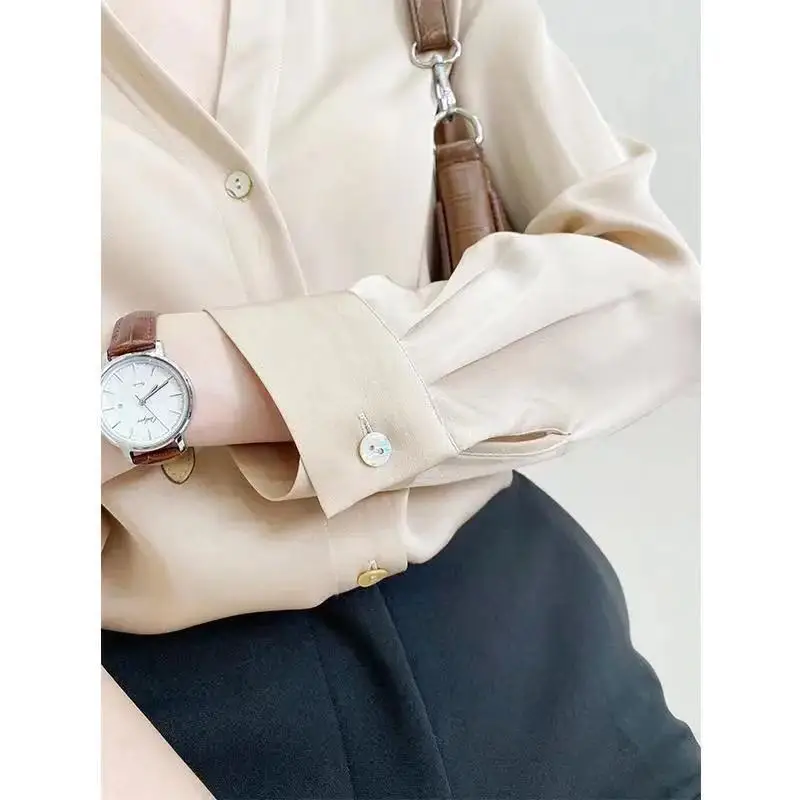 

Elegant Blouse Women Fashion Spring 2021 French Button Up Shirt Solid Long Sleeve Plus Size Loose Casual Clothes