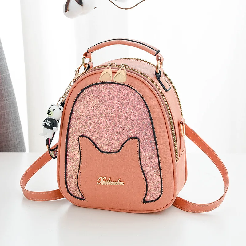 

2021 Fashion Sequin Backpack Female Bag Cat Small Backpack Cute Lady Style PU Leather Backpack
